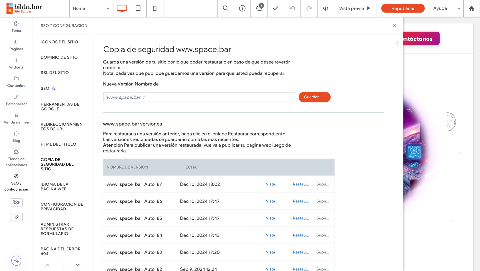 sitio web pagina web copias de segurdiad