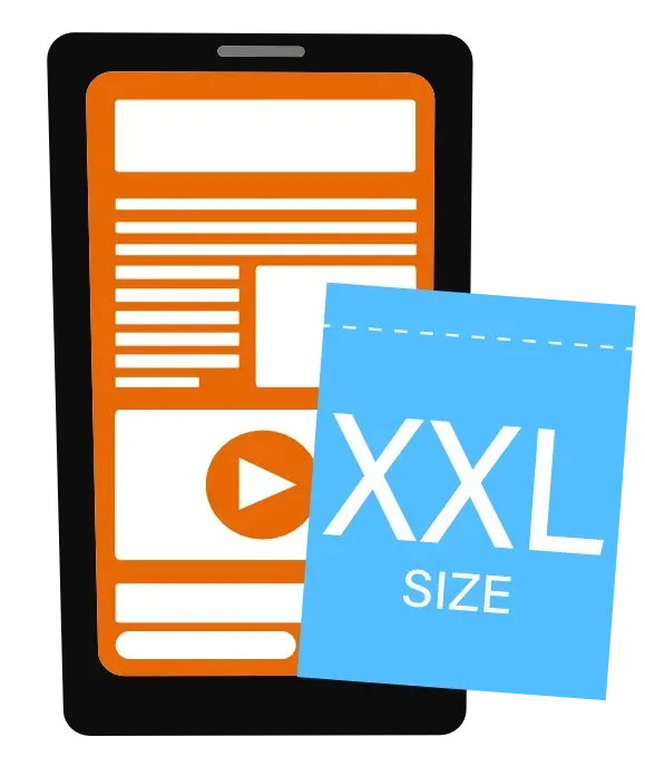 Representación de un sitio web Grande (Talla XXL) mostrando un celular con un carrito de compra y una etiqueta azul que lee XXL