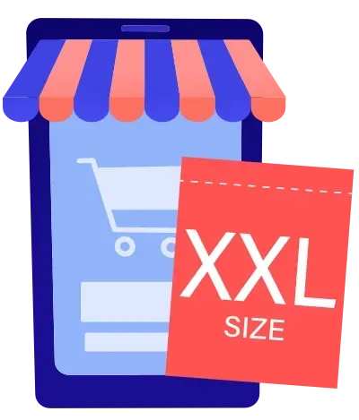 Representación de un eCommerce Grande (Talla XXL) mostrando un celular con un carrito de compra y una etiqueta roja que lee XXL