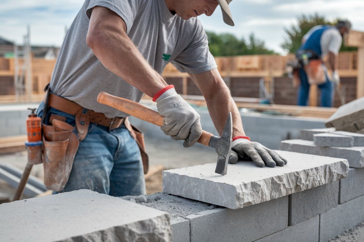 A man is working on a brick wall with a hammer.