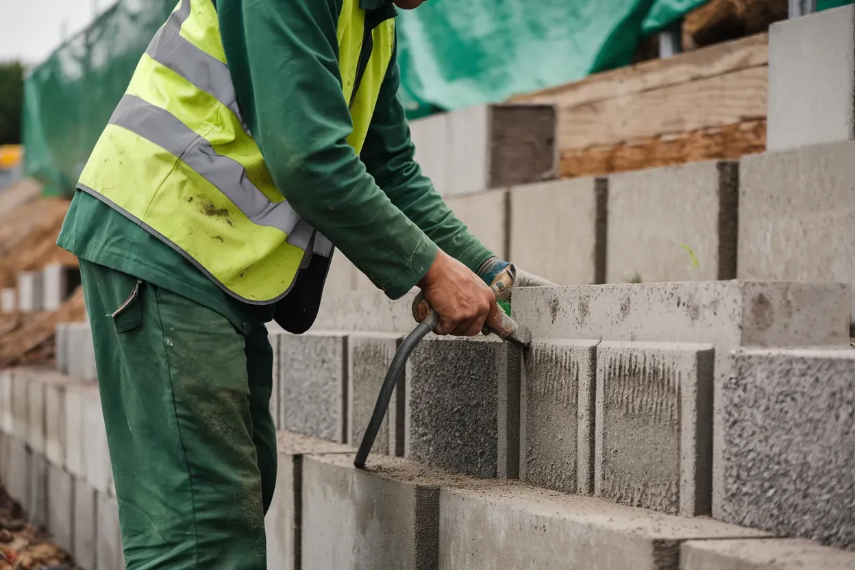 A construction worker is working on a concrete wall.