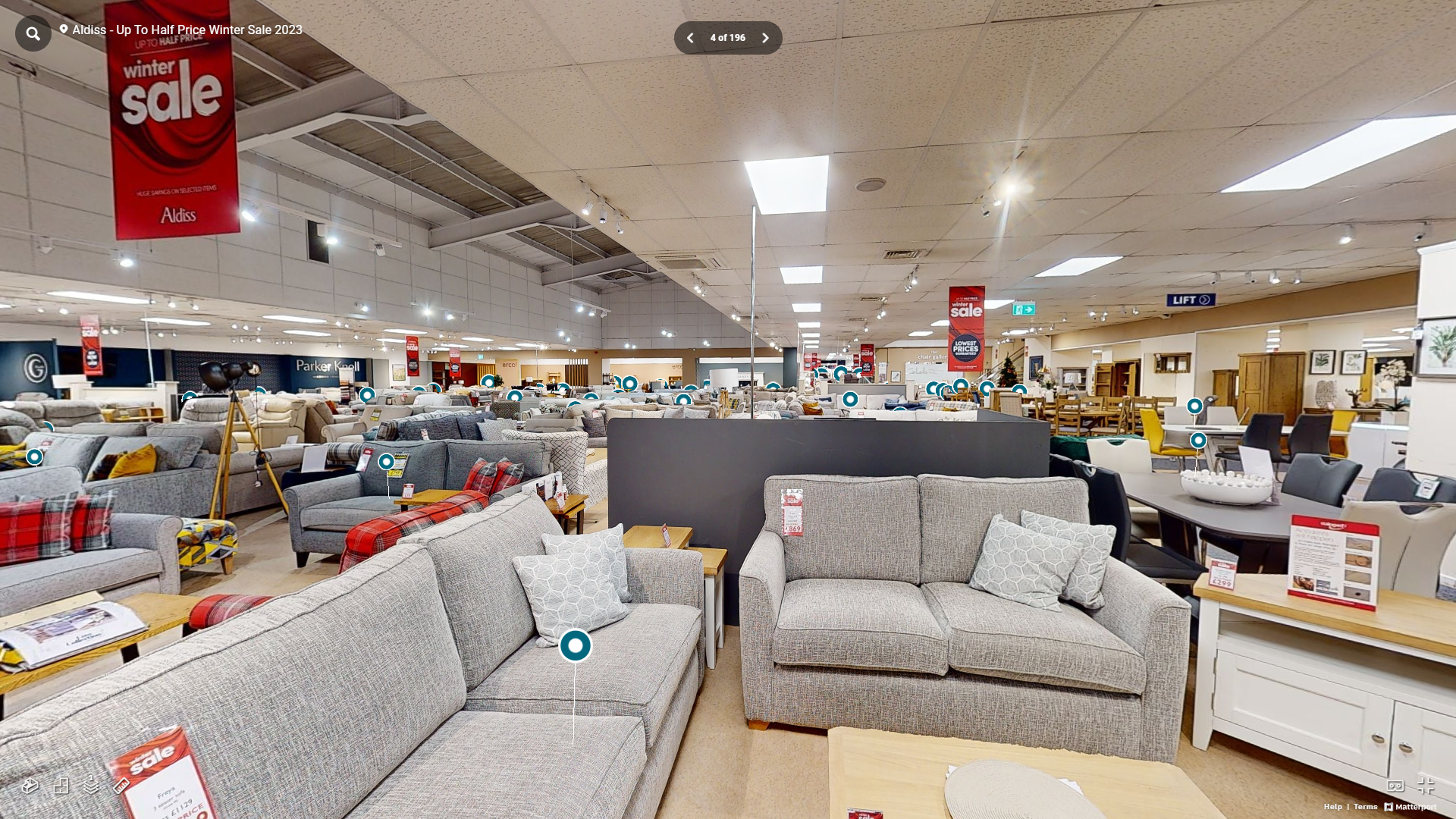 A 3d rendering of a furniture store with a lot of furniture on sale.
