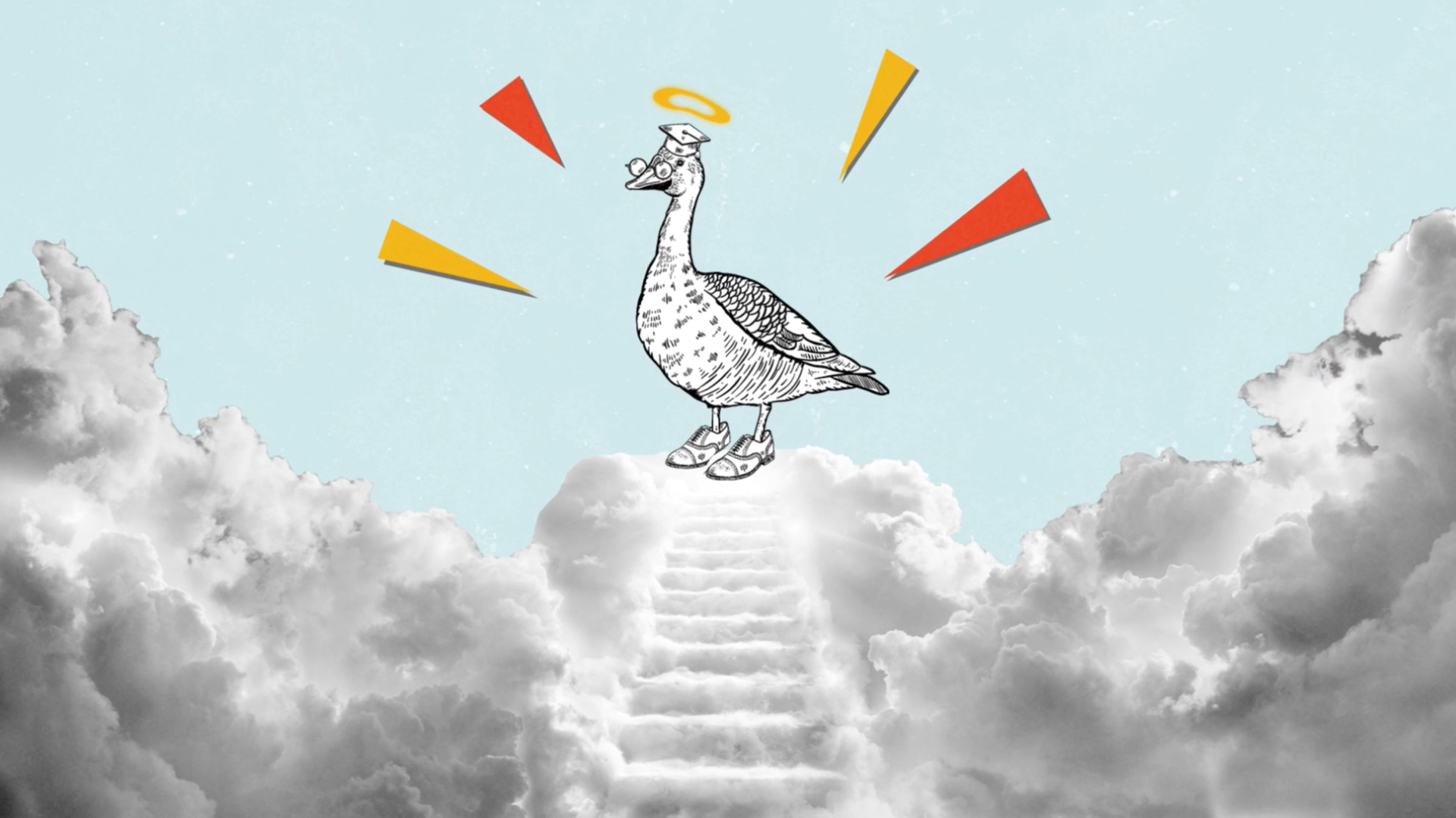 A goose with a halo on its head is standing on top of a staircase in the clouds.