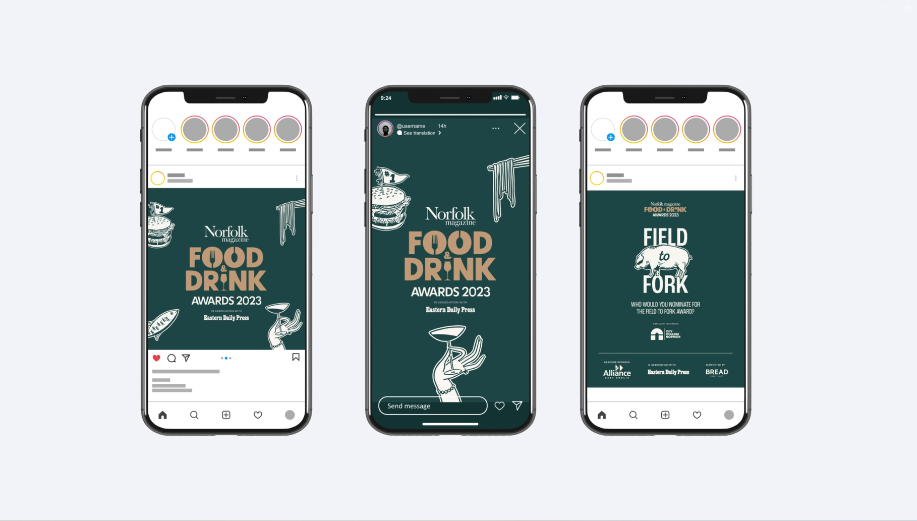 Three phones are displaying different images of food and drink on their screens.