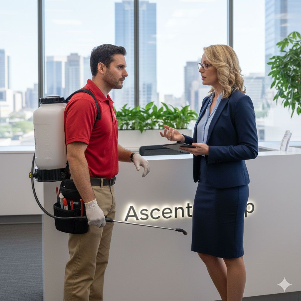 Pest control worker with sprayer talks with a woman in an office setting, with plants and a city skyline visible.