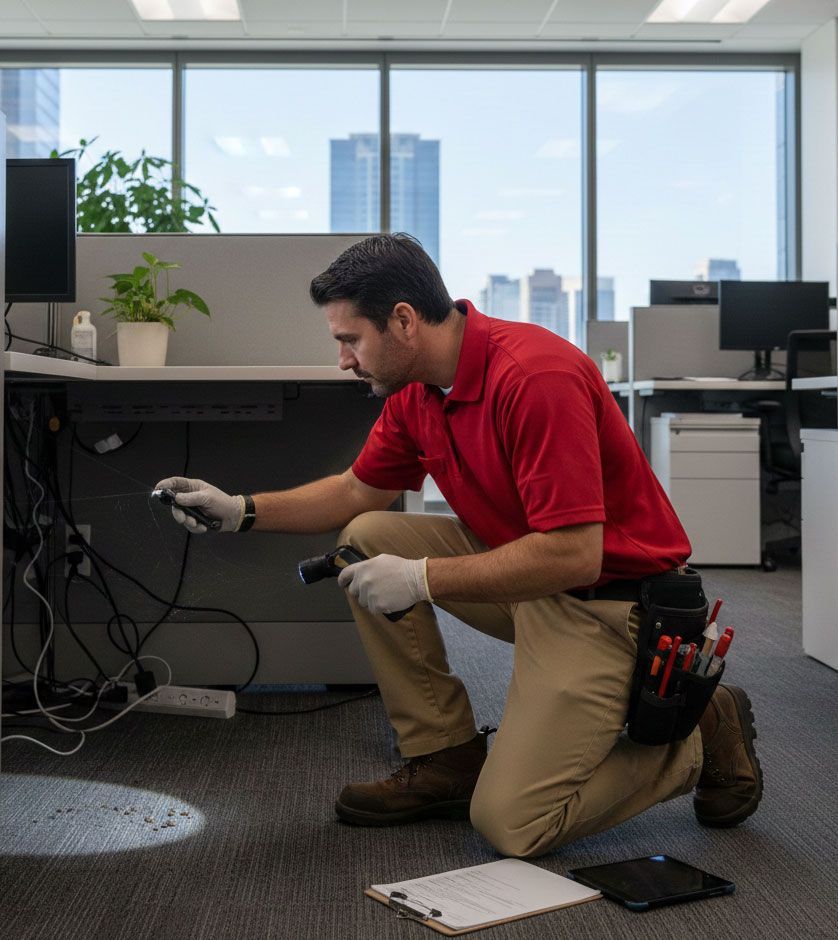 Man in red shirt and gloves inspecting cables under desk with a flashlight in an office setting.