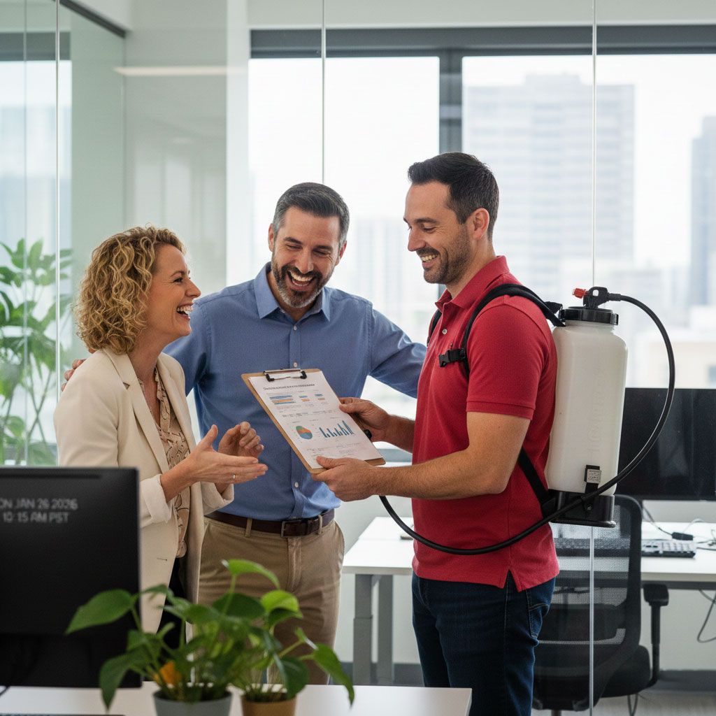 Three people in an office looking at a clipboard. One wears a backpack sprayer, appears to present the clipboard.