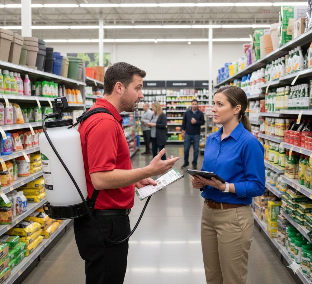 Pest control worker with sprayer, talking to a store employee in a grocery store aisle.