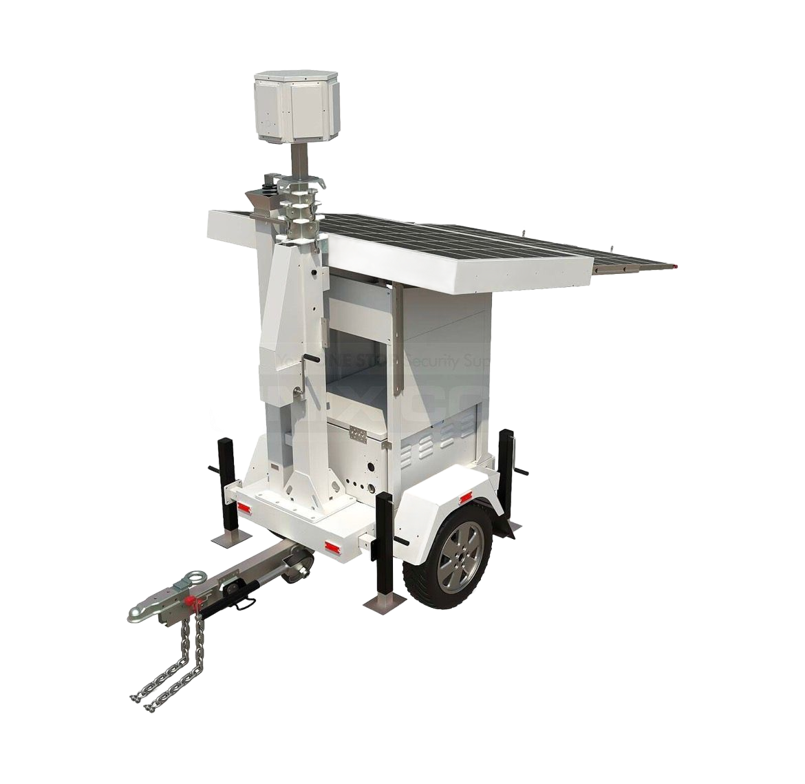 White mobile light tower trailer with mast, solar-panel roof, and tow hitch on a white background