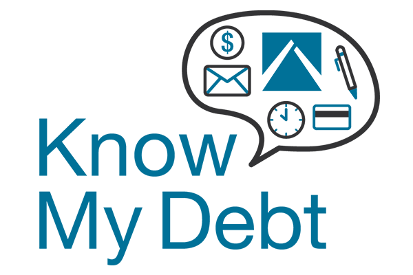 A logo for a company called know my debt