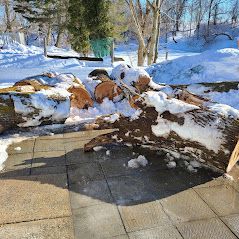 Un tas de bûches couvertes de neige sur une terrasse.