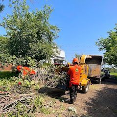 Un homme se tient à côté d'une déchiqueteuse d'arbres.