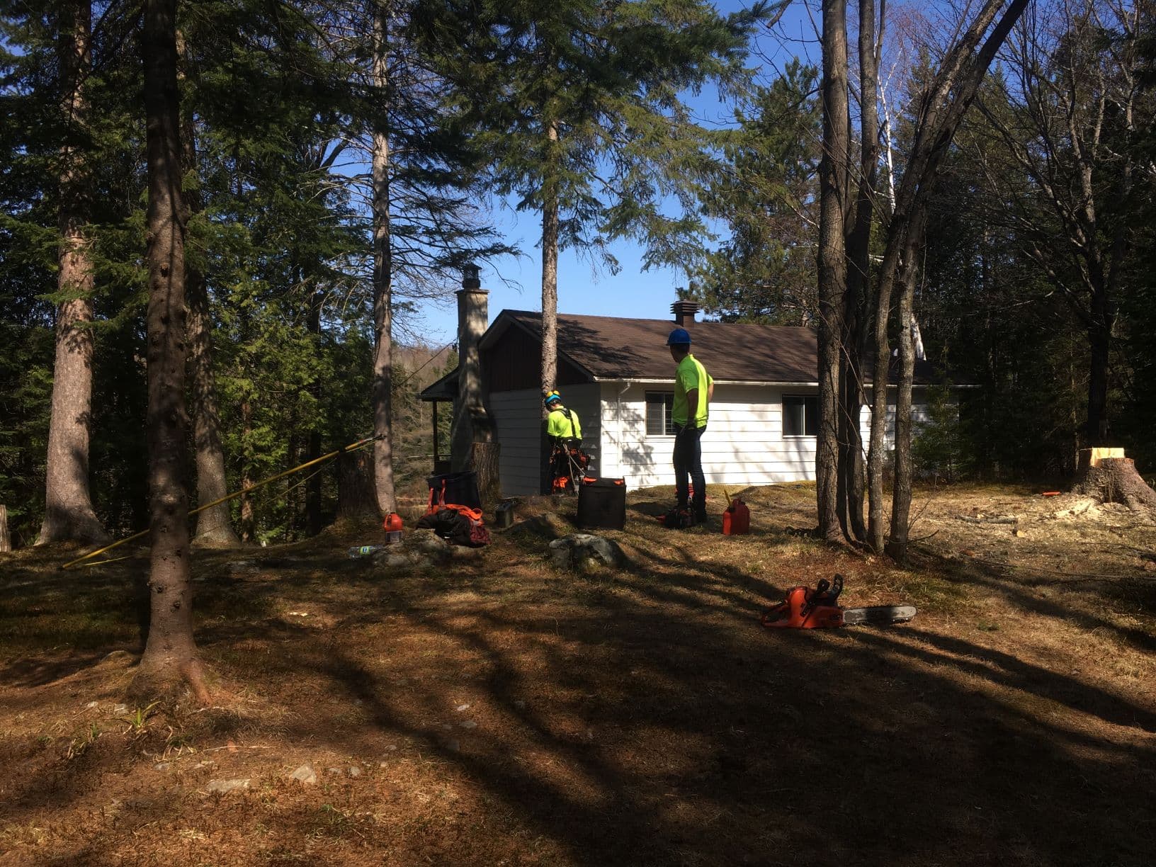 Un homme se tient devant une maison dans les bois.
