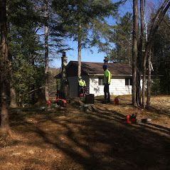 Un groupe de personnes se tient devant une maison dans les bois.
