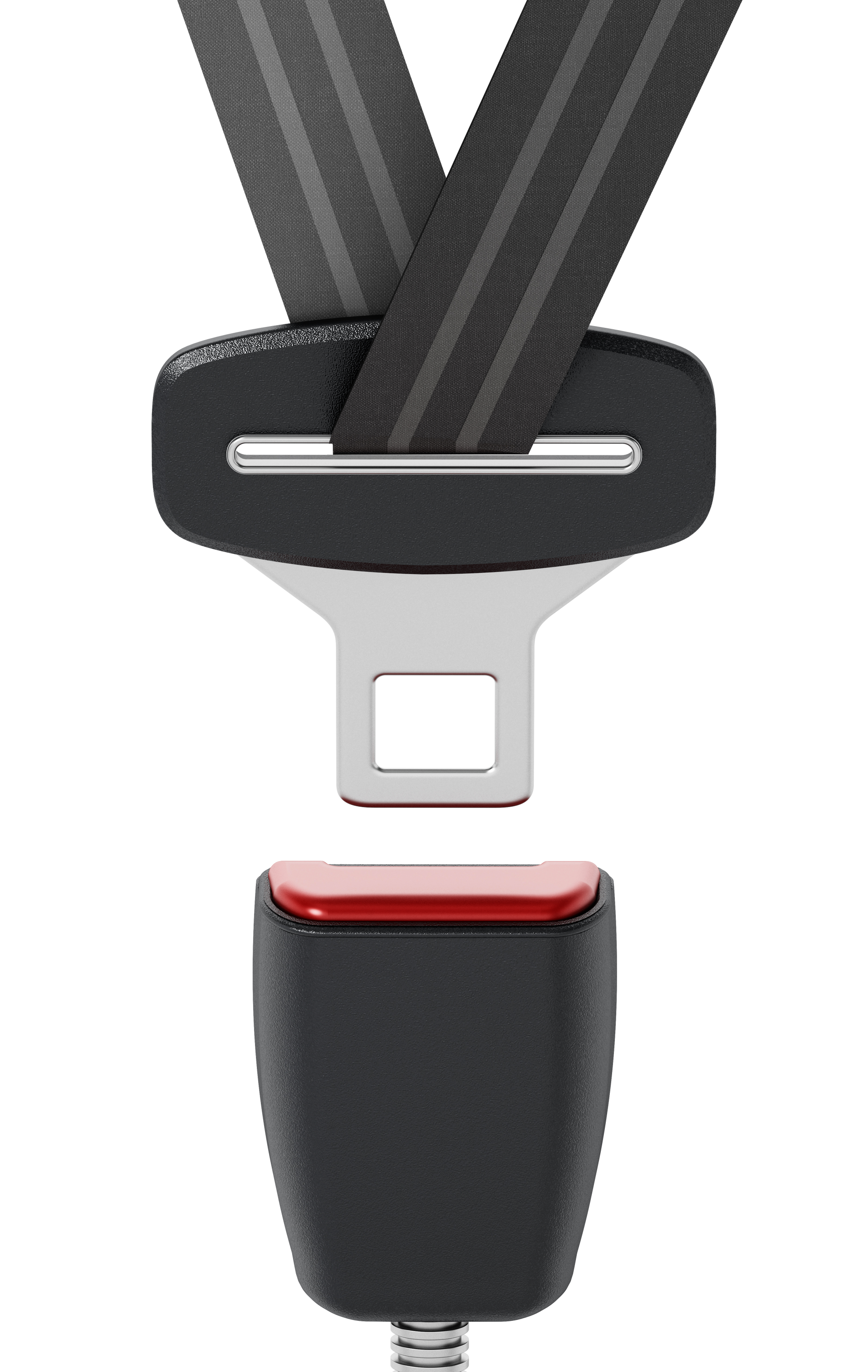 A black car seat belt buckle and its corresponding red-buttoned release mechanism against a white background.