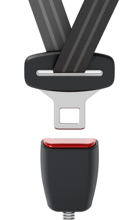 A black car seat belt buckle and its corresponding red-buttoned release mechanism against a white background. A black car seat belt buckle and its corresponding red-buttoned release mechanism against a white background.