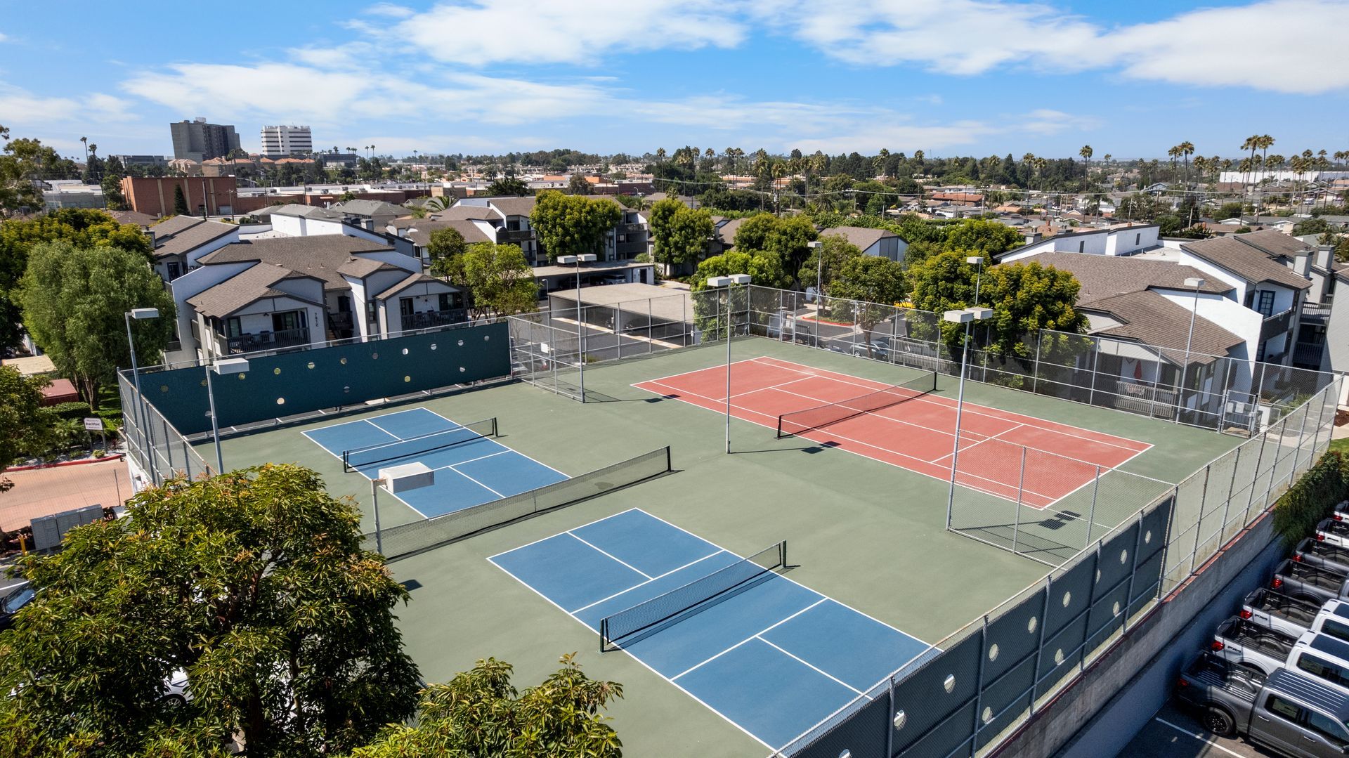 Overhead view of tennis courts