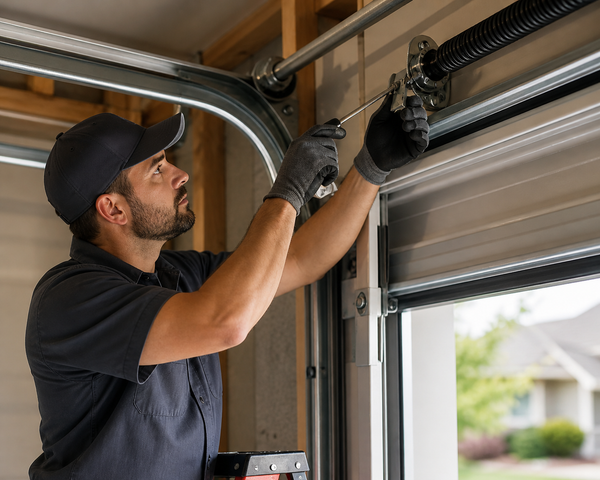 Technician adjusting garage door track with tools inside a garage