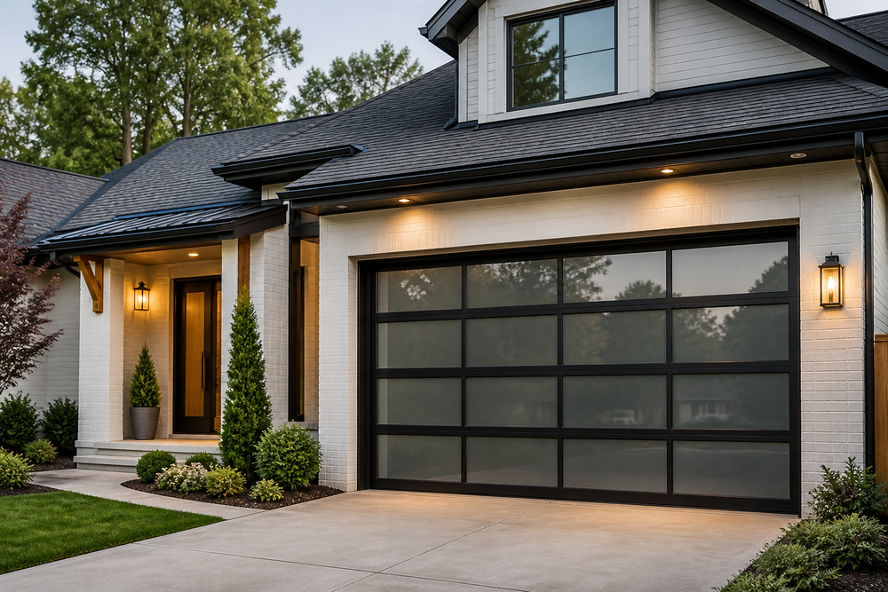 Modern suburban house exterior with white brick, black roof, and a two-car garage at dusk