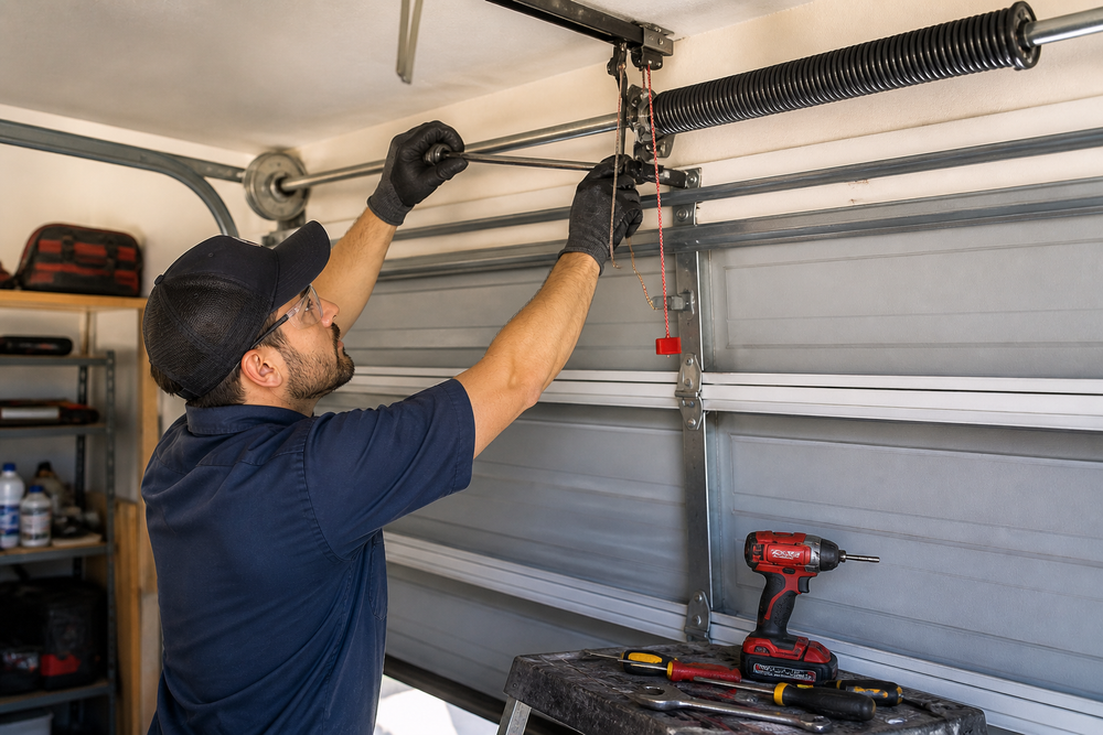 Person adjusting garage door springs with a drill near a closed garage door
