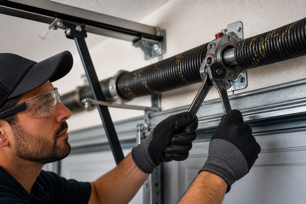 Technician adjusting a garage door opener rail with pliers, wearing gloves and safety glasses