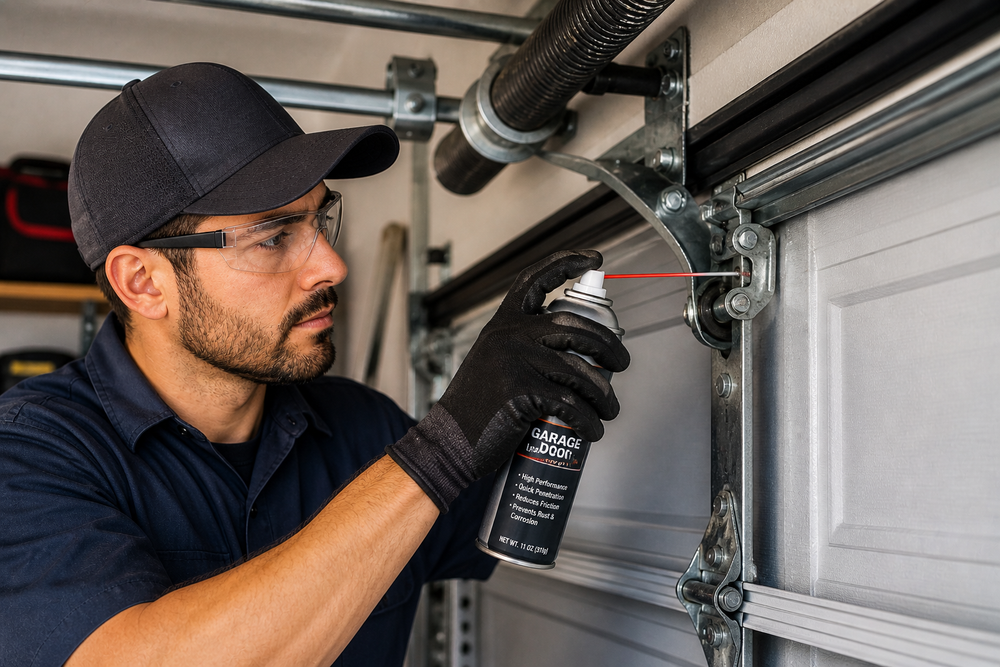Technician wearing gloves spraying lubricant on a garage door track with a spray bottle