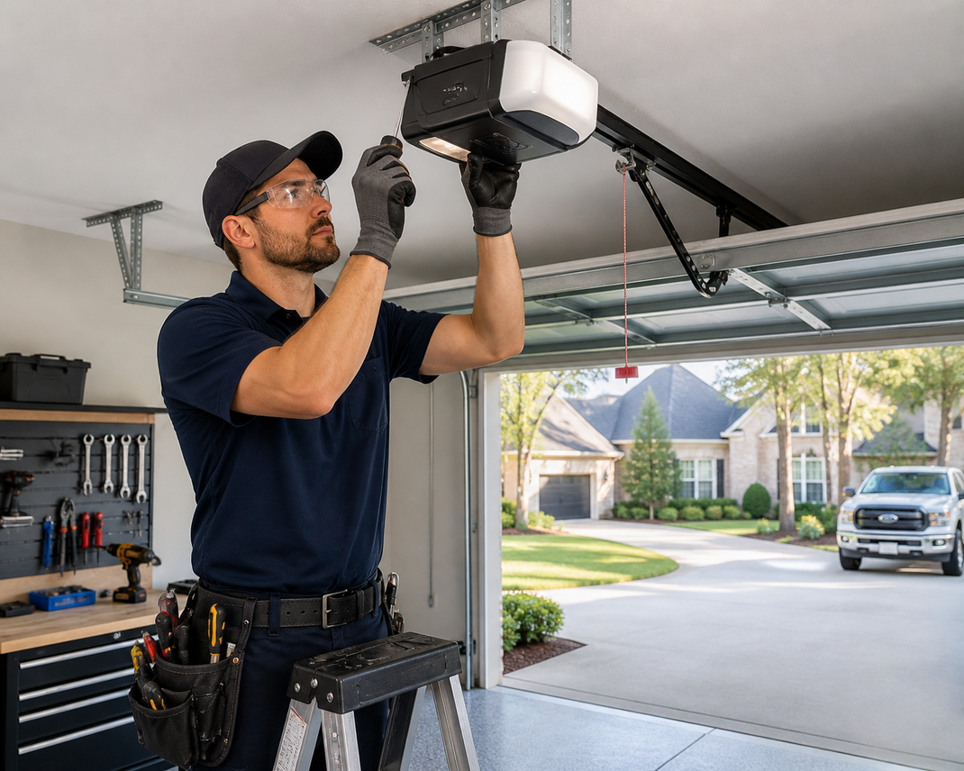 Technician adjusting a garage door opener with a toolbox belt in a bright suburban garage