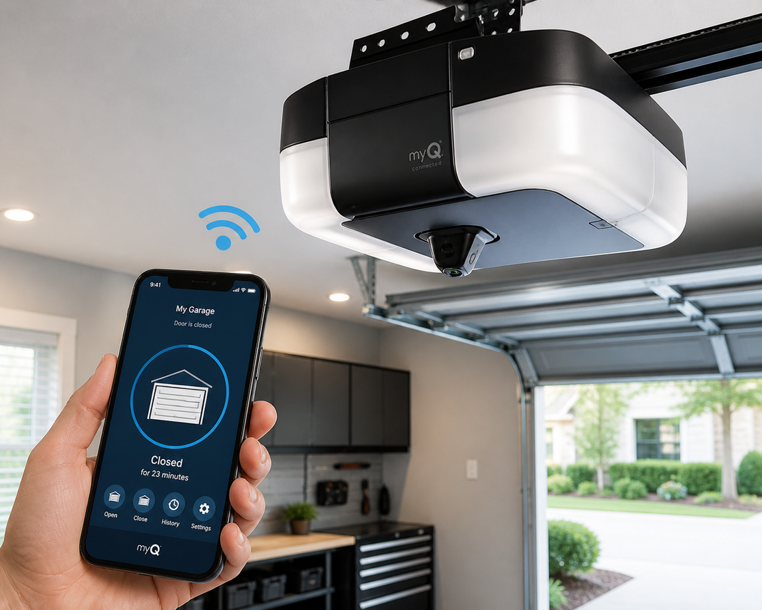 Hand holding a smartphone app controlling a garage door opener mounted on the ceiling.