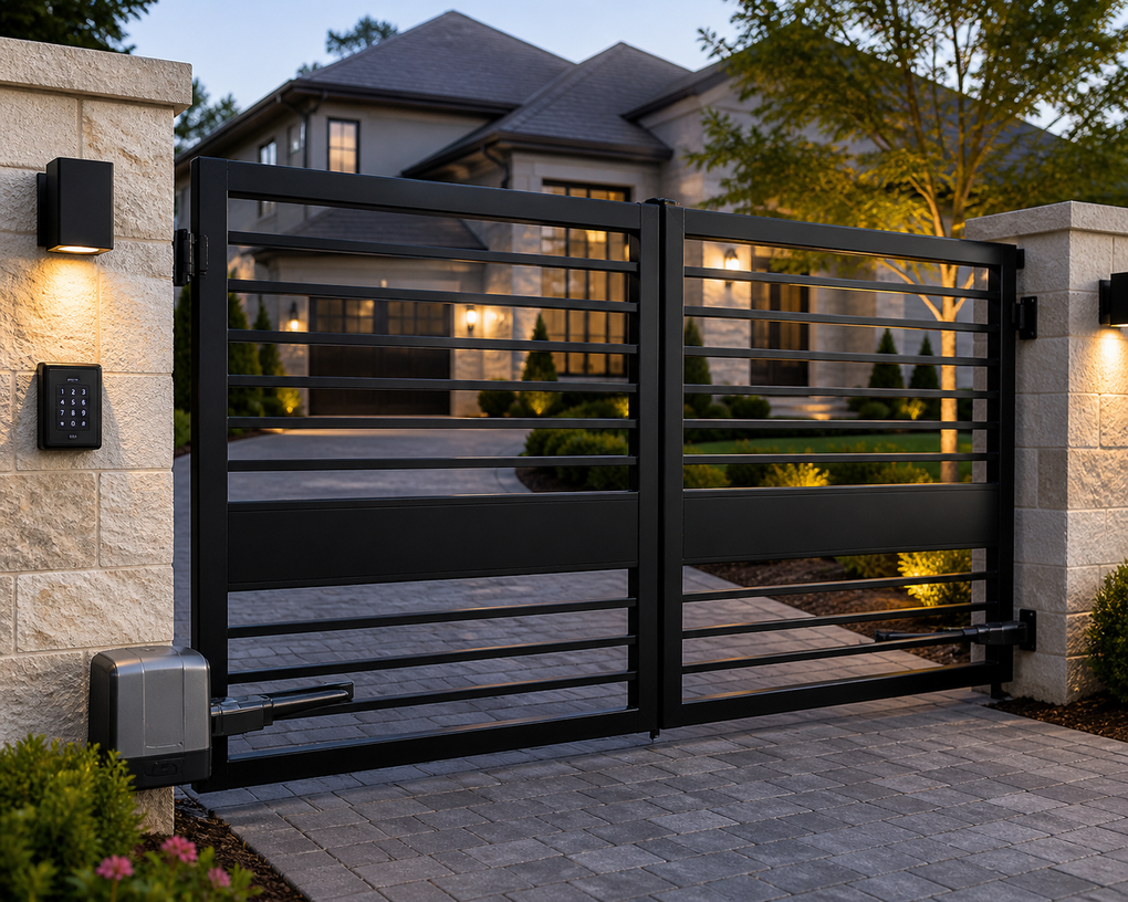 Modern black metal driveway gate at a stone-front house with warm lights at dusk