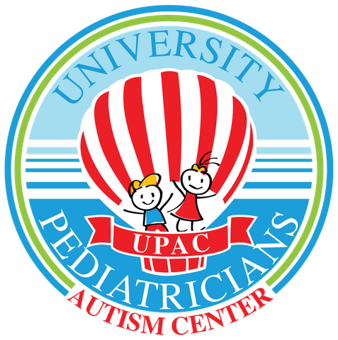 University Pediatricians Autism Center logo with illustration of kids in hot air balloon