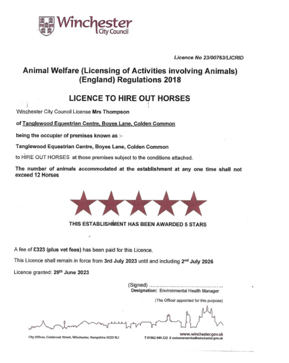 Winchester City Council Licence to Hire Out Horses