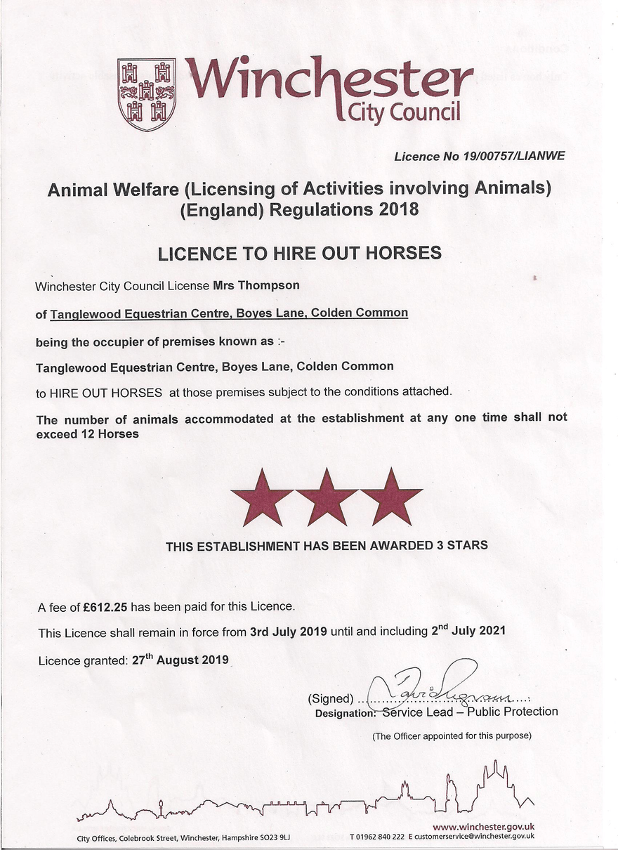 Winchester City Council Licence to Hire Out Horses