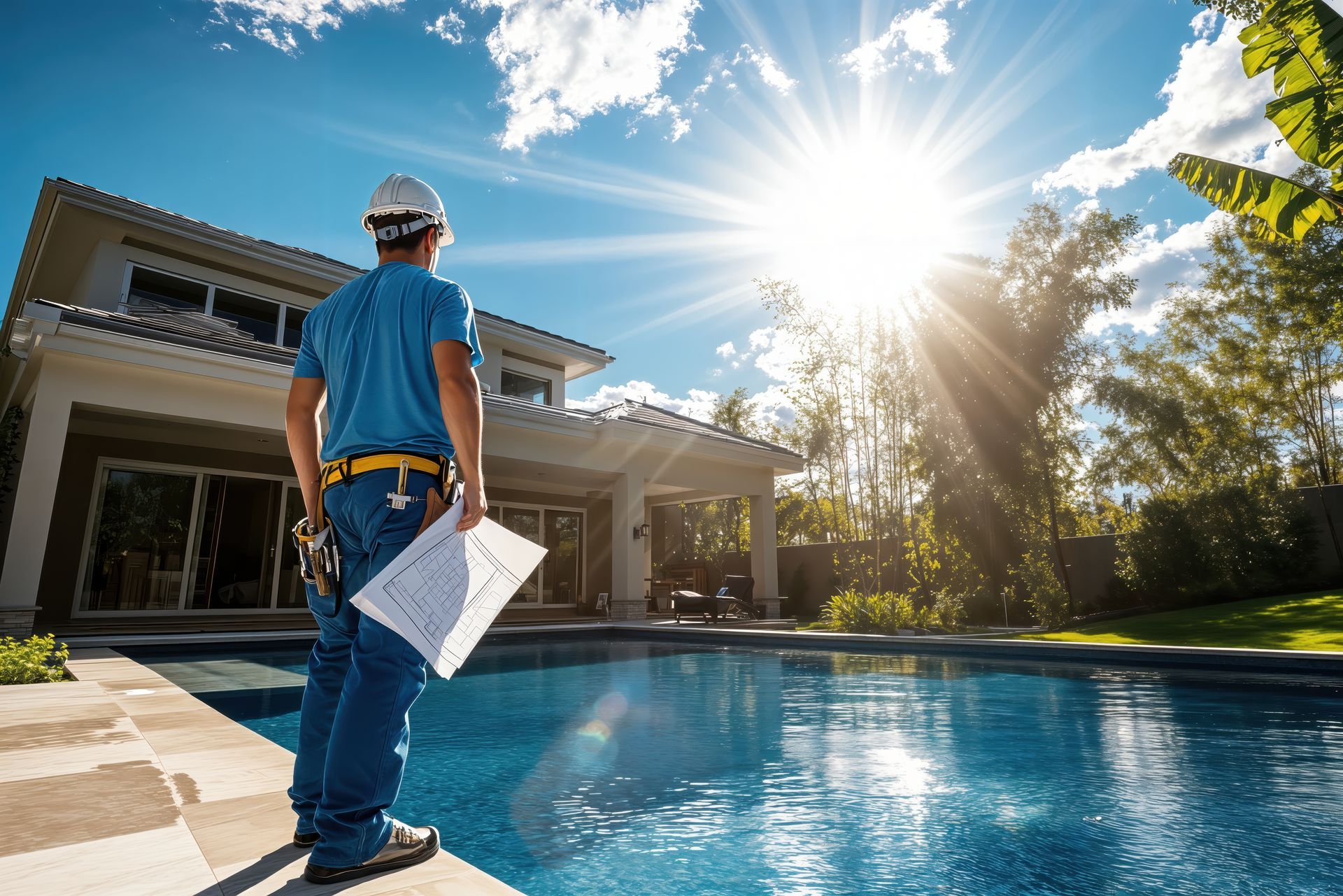 Construction worker looking at blueprints by a pool, with a sunny house in the background.