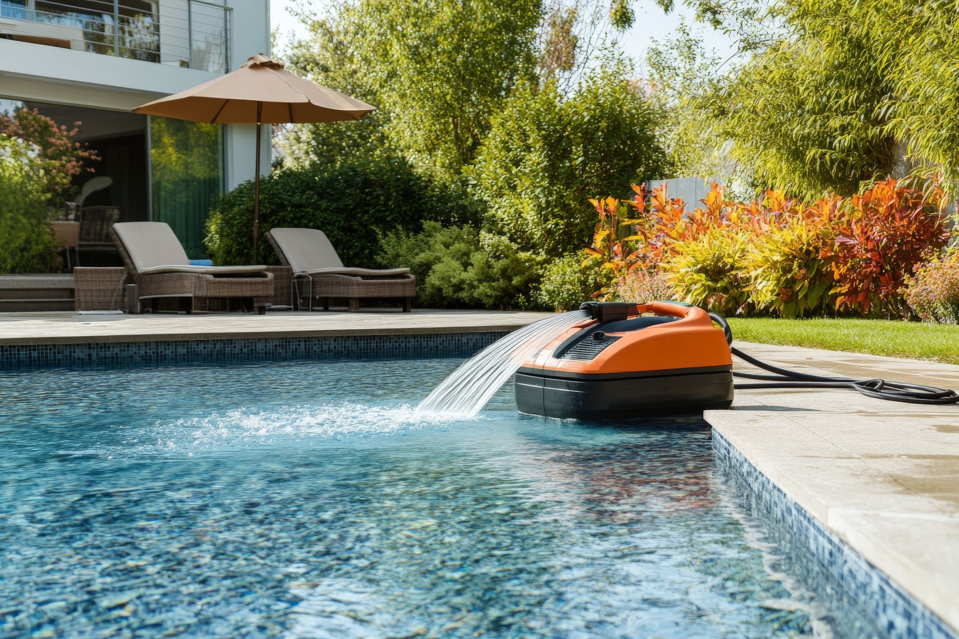 Pool cleaner spraying water into pool, next to a patio with lounge chairs and umbrella.