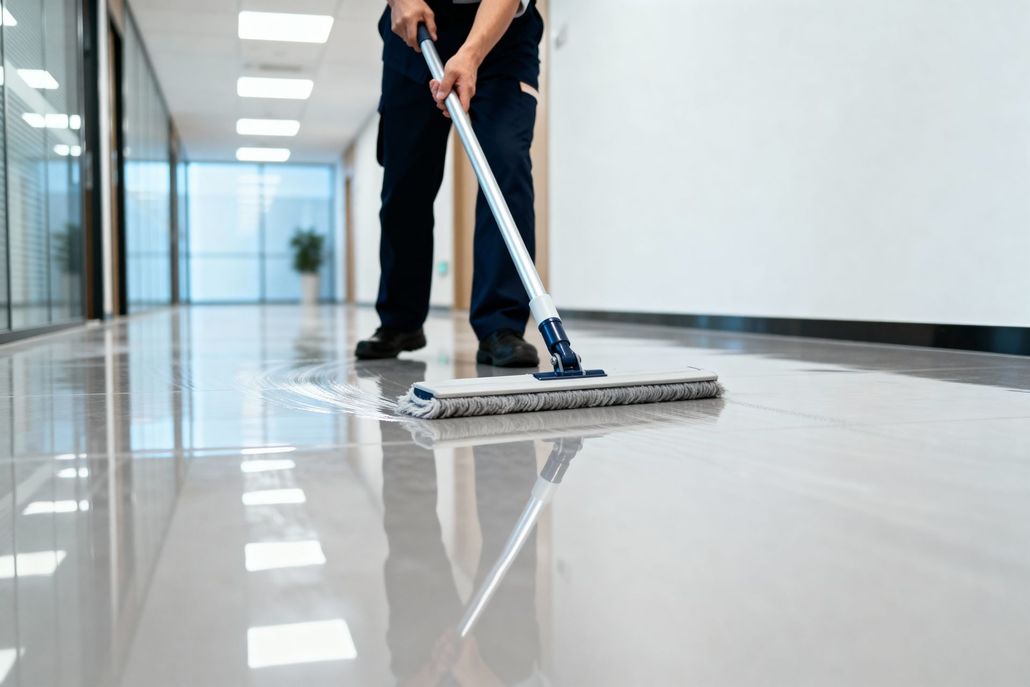 Person mopping a glossy office hallway floor with reflections