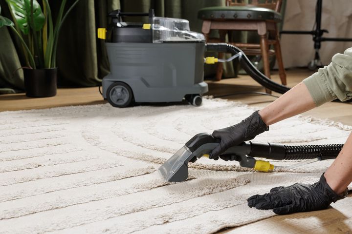 Person vacuuming a light rug with a gray carpet cleaner in a living room