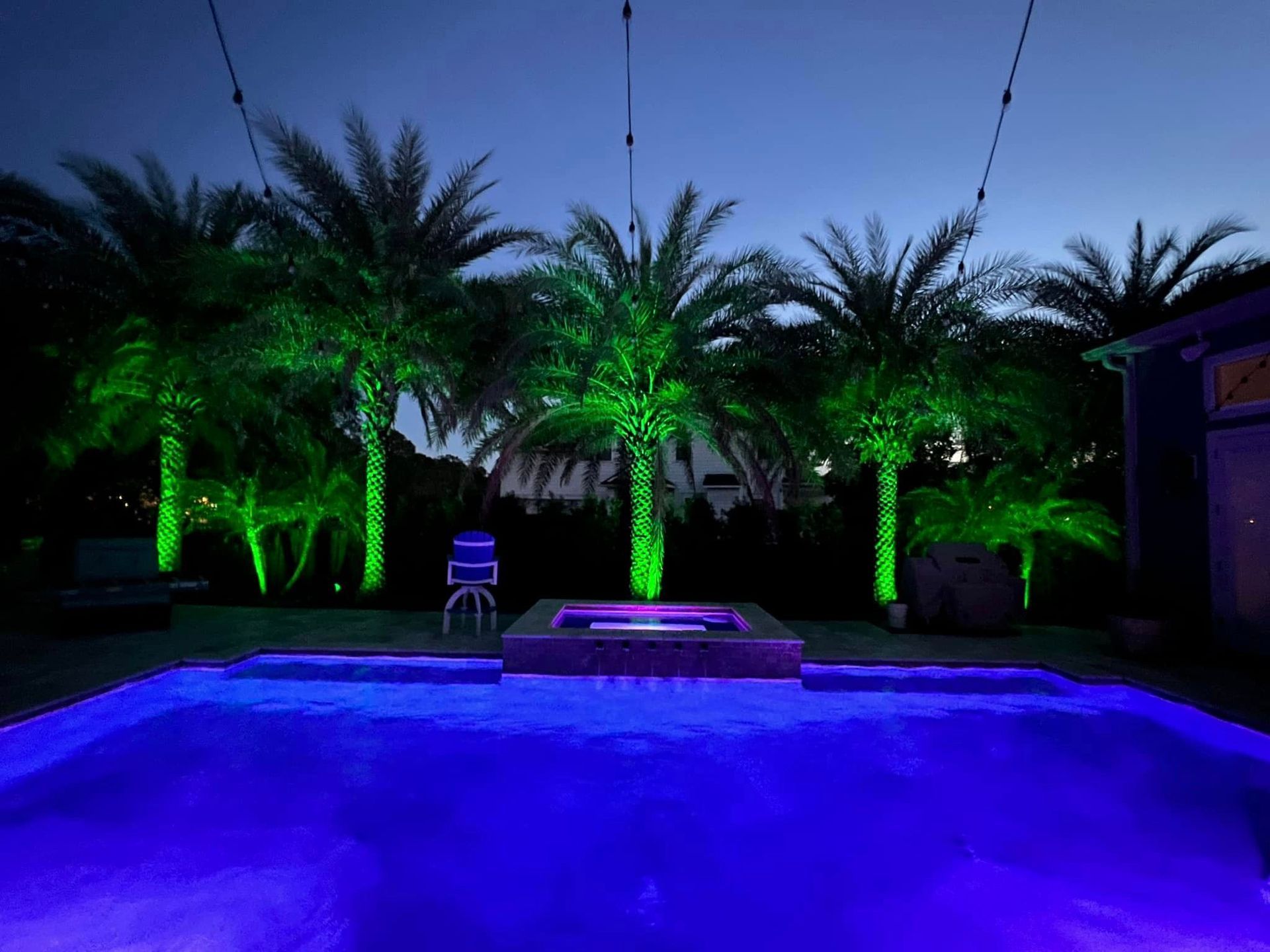 A swimming pool is lit up with purple lights and palm trees are lit up with green lights.