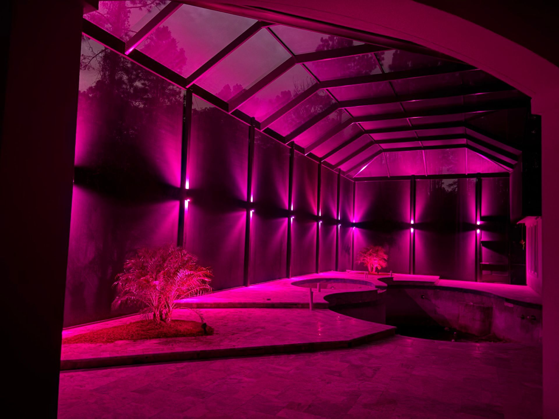 A modern outdoor space illuminated with pink lighting, featuring glass roof, walls, and small plants.