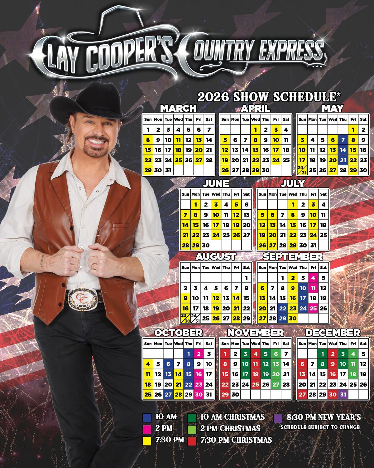 Lay Cooper's Country Express schedule. Man in western attire with 2024 calendar highlighting showtimes in multiple colors.