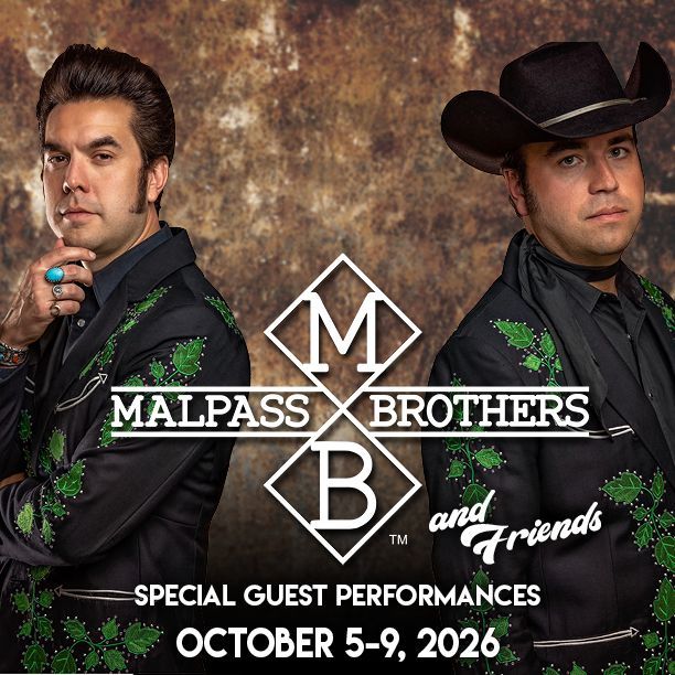 Malpass Brothers concert announcement: Two men in black outfits, logo with dates.