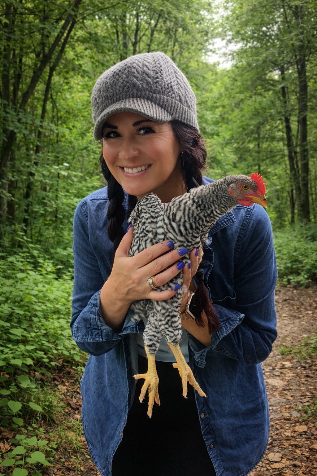 woman in nature holding a chicken 
