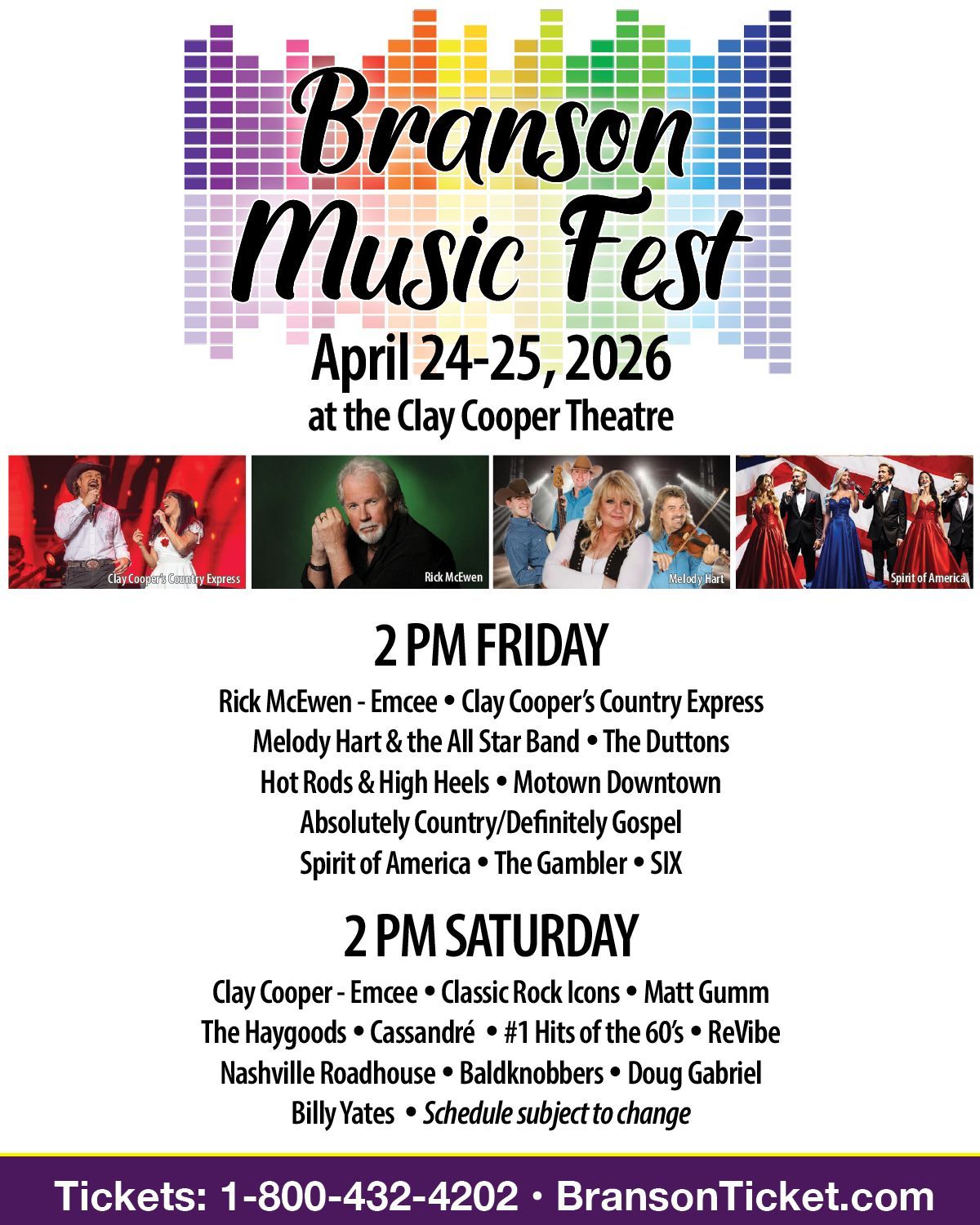 Branson Music Fest logo on a colorful audio equalizer background, held April 24-25, 2026, at 2 PM.