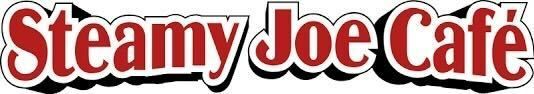 Steamy Joe Café logo in red text with white and black outline.