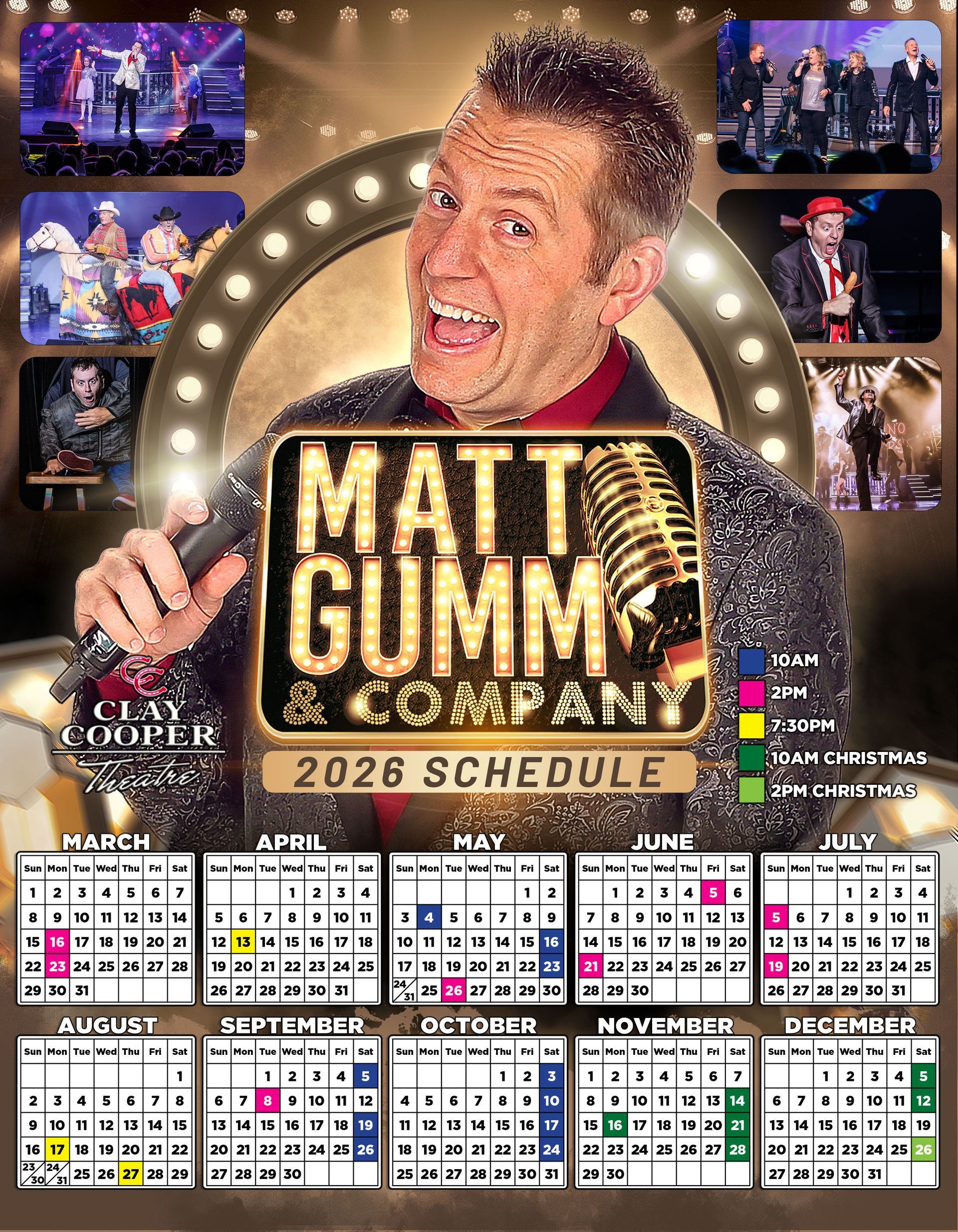 Matt Gumm & Company 2026 Schedule: A man with a microphone, surrounded by show photos, calendar below.
