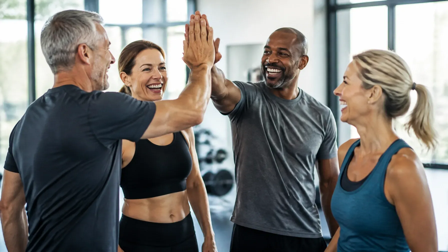 Four friends high-five in a gym, smiling after a workout.