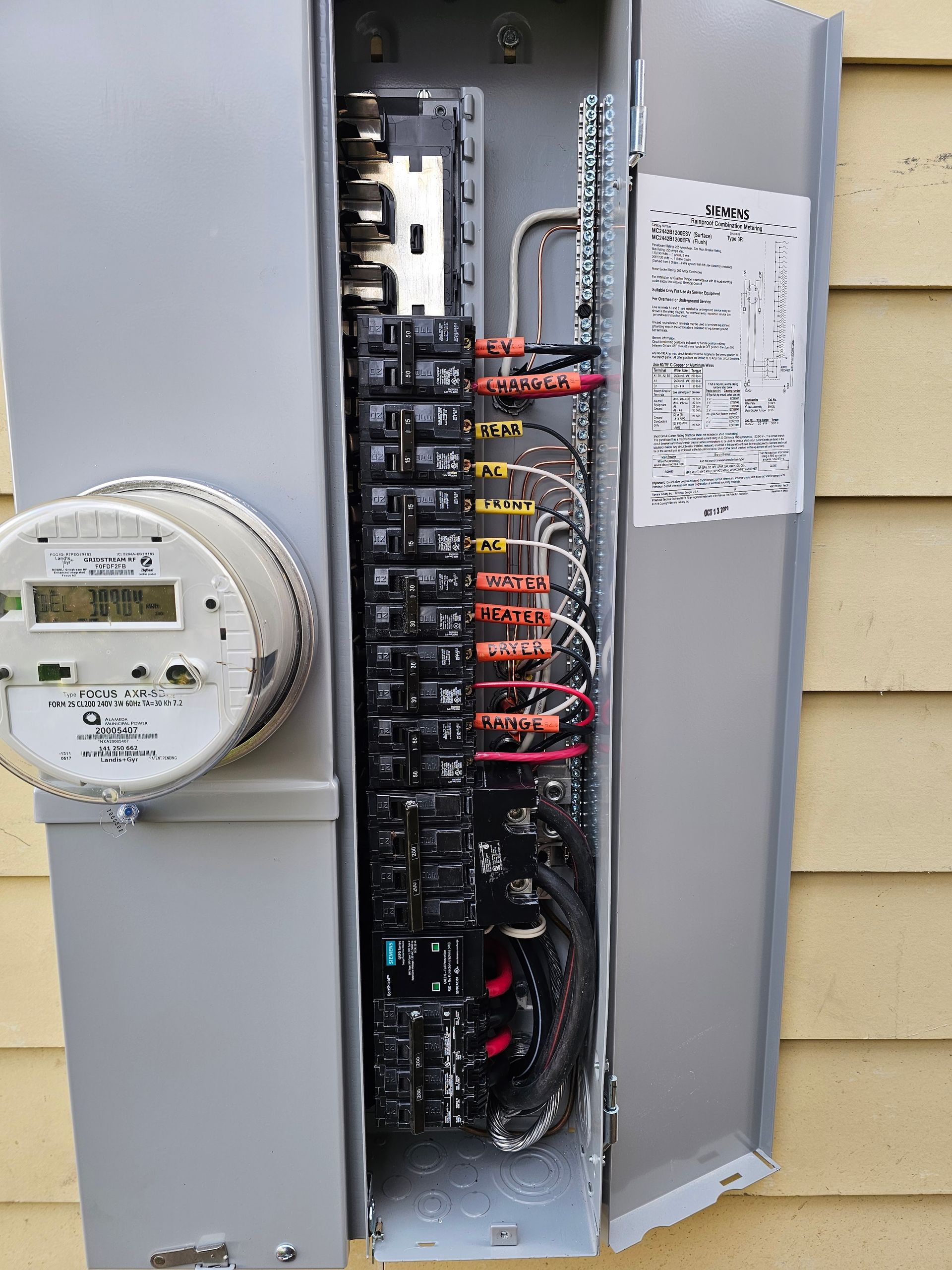 Electrical panel with circuit breakers, wires, and a digital meter.