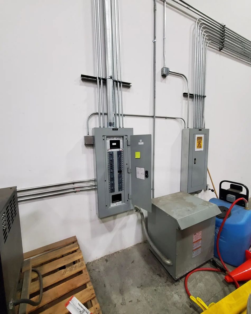 Electrical panels with conduit wiring on a white wall in a commercial setting.