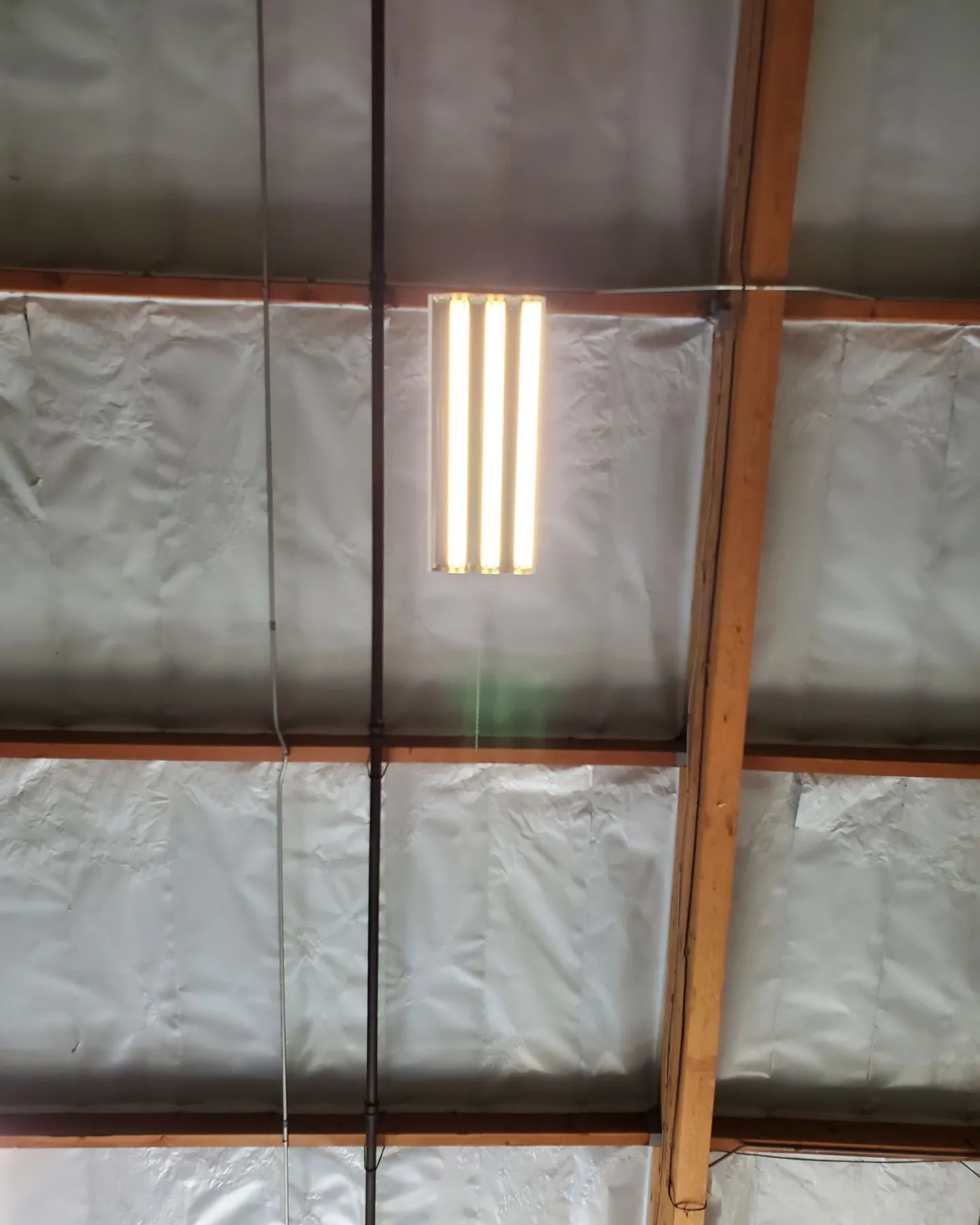 Bright ceiling light fixture in a warehouse, suspended between wooden beams.