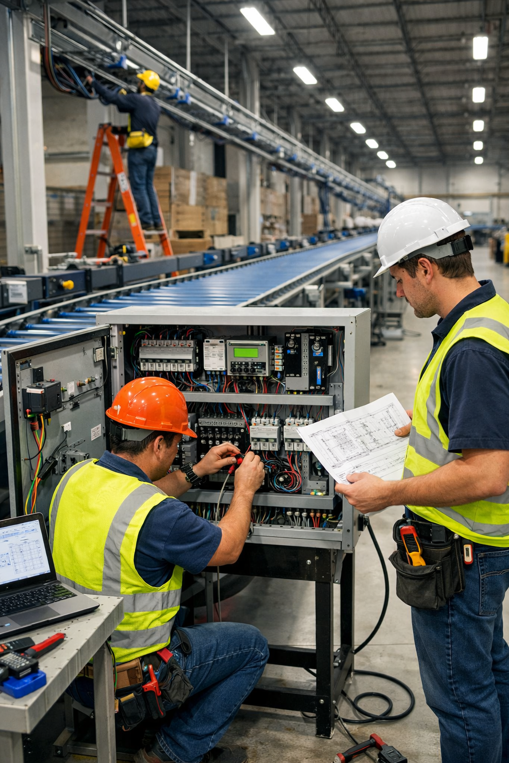 Two electricians working on a control panel in a factory; another worker on a ladder.