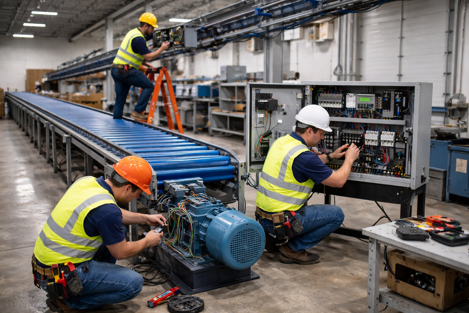 Three electricians working on machinery in a warehouse, wearing vests and hard hats. One on a conveyor belt two at equipment.